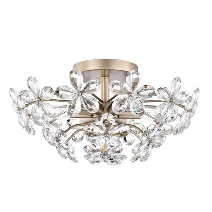 Plafonnier Rosa à 6 lumières en cristal argenté brossé, motif fleur de champagne - 45 cm de diamètre x 22 cm de hauteur
