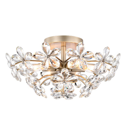 Plafonnier Rosa à 6 lumières en cristal argenté brossé, motif fleur de champagne - 45 cm de diamètre x 22 cm de hauteur