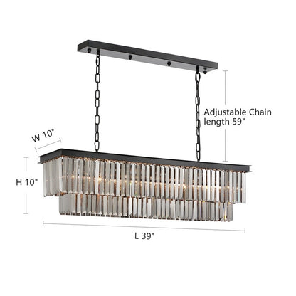 Lustre contemporain en cristal gris fumé et noir de 47 po, design linéaire à deux niveaux, luminaire suspendu pour îlot de cuisine et salle à manger.