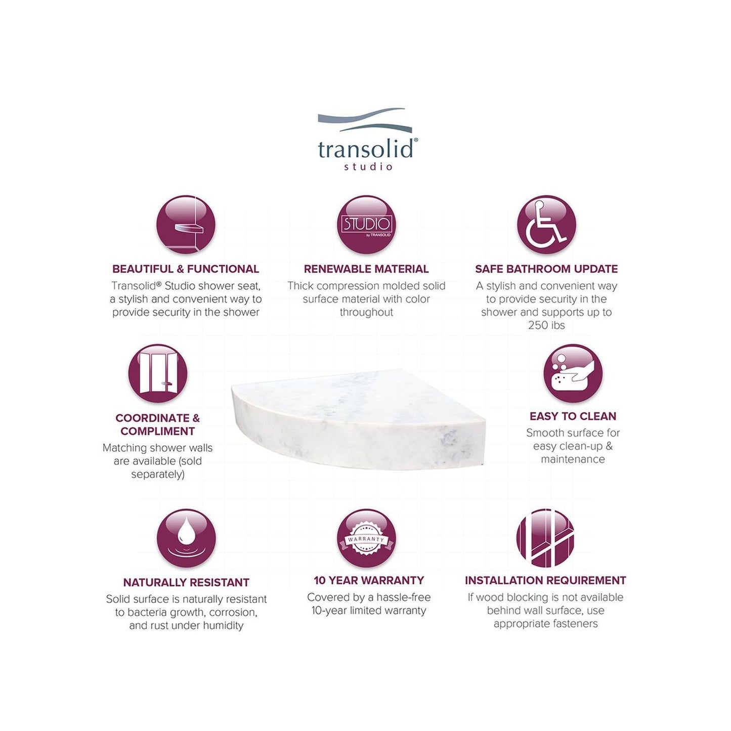 Siège de douche d'angle mural en surface solide Transolid Studio 14 po x 14 po - 14,5 x 14,25 x 3