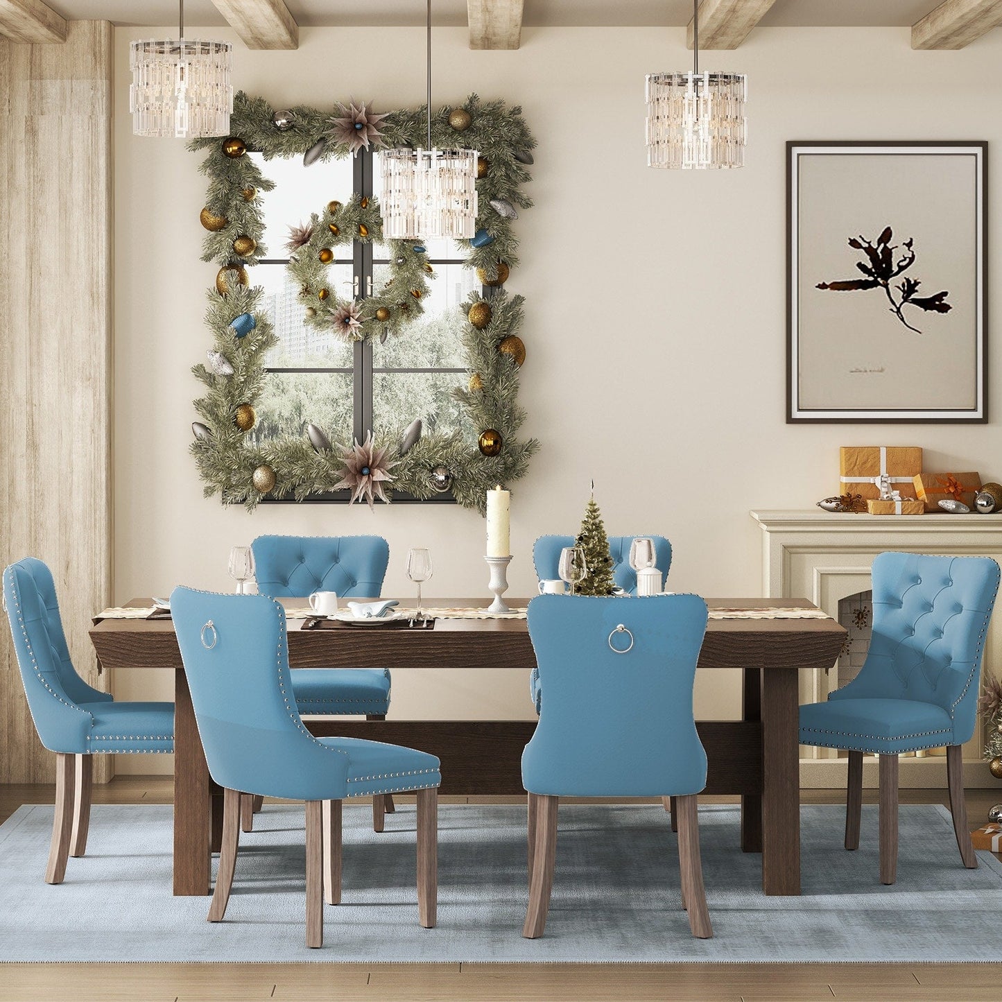 Chaise de salle à manger capitonnée en velours avec pieds en bois massif, lot de 6