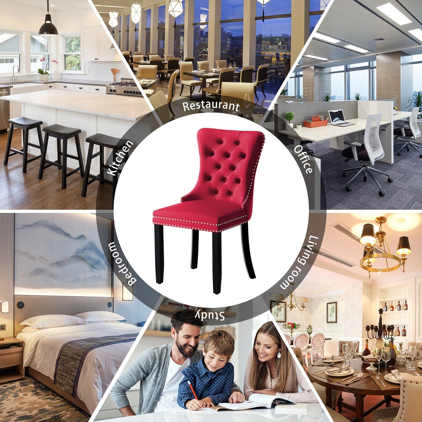 Chaise de salle à manger capitonnée en velours avec pieds en bois massif, lot de 6