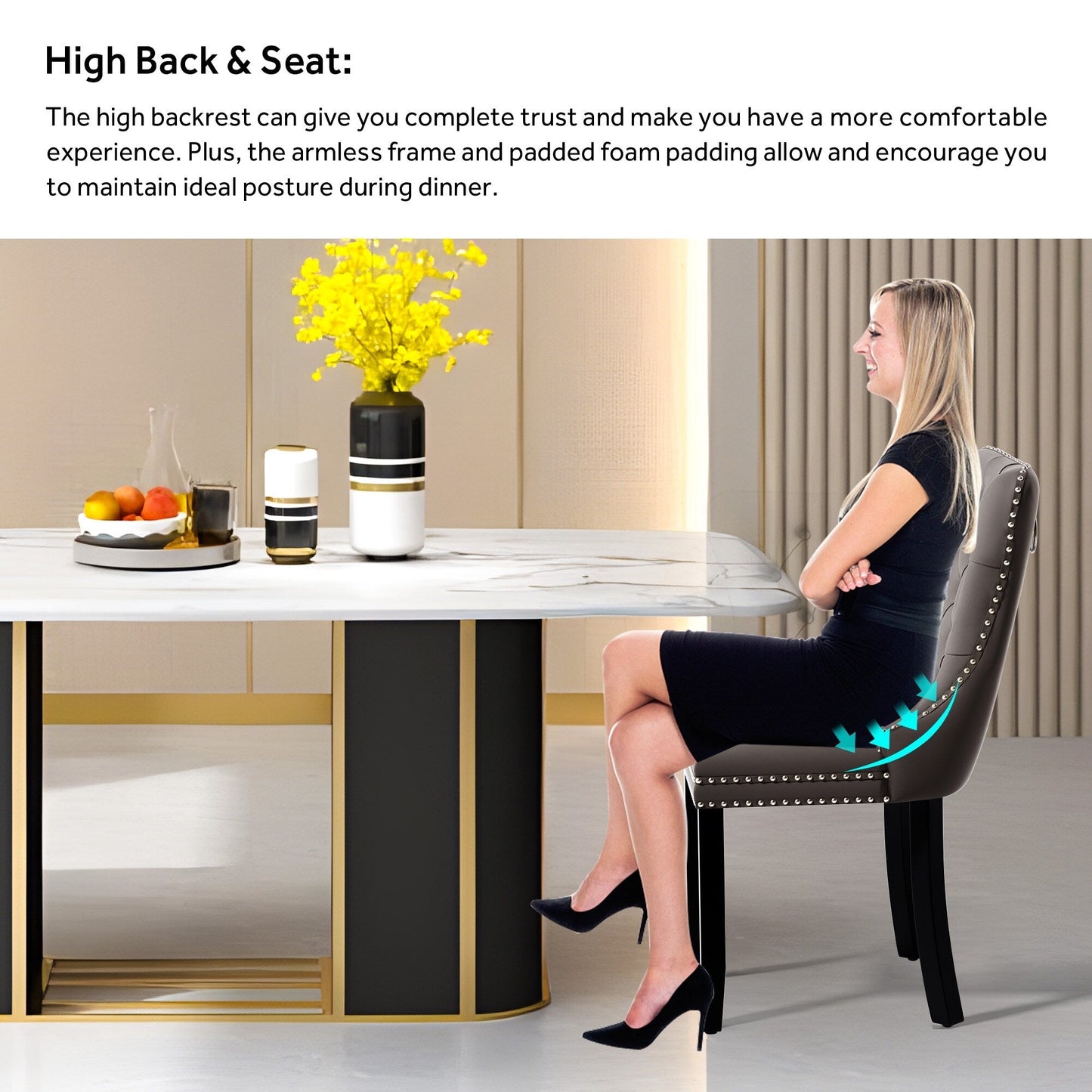 Chaise de salle à manger capitonnée en velours avec pieds en bois massif, lot de 6