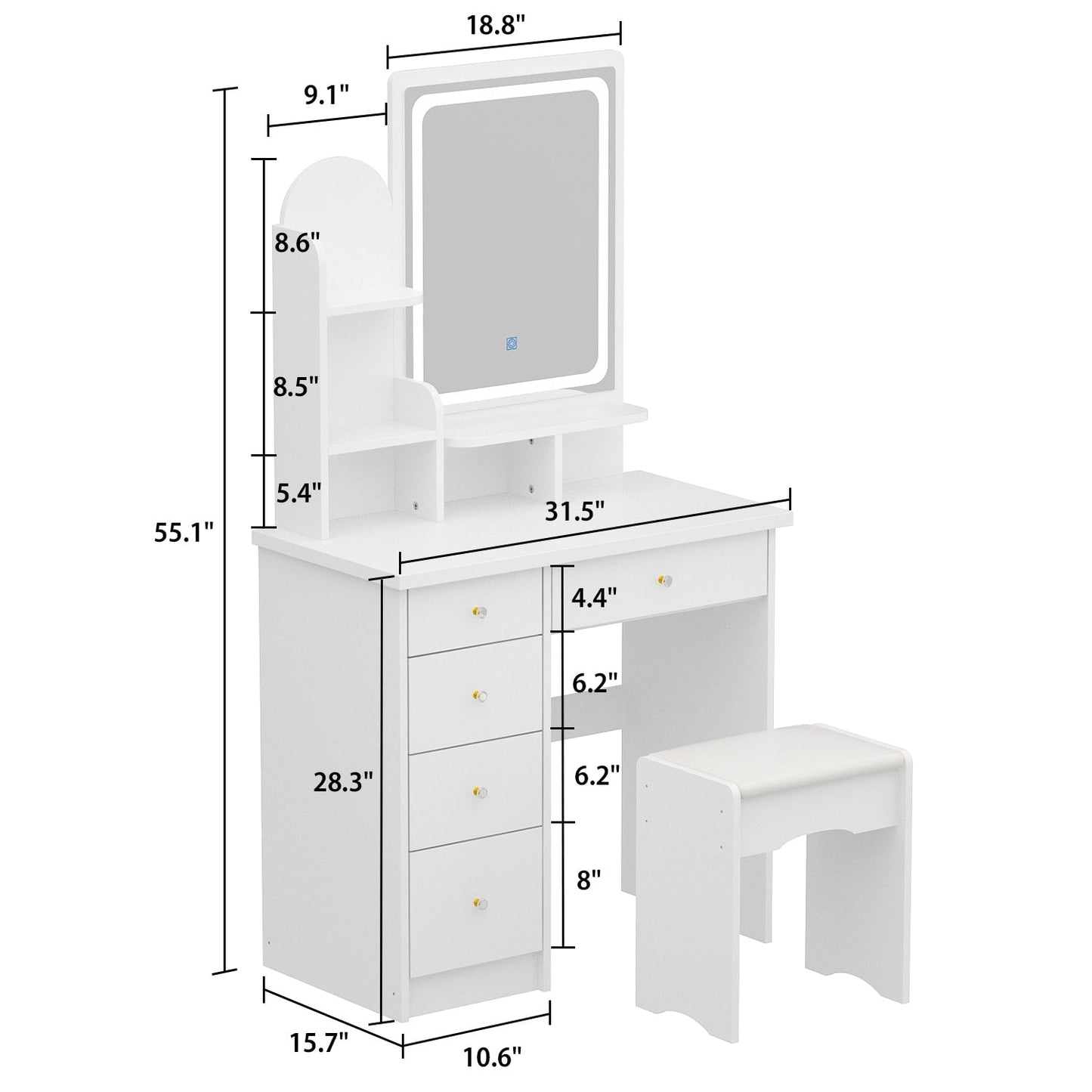 Ensemble de coiffeuse avec miroir et lampe, coiffeuse de maquillage avec tabouret