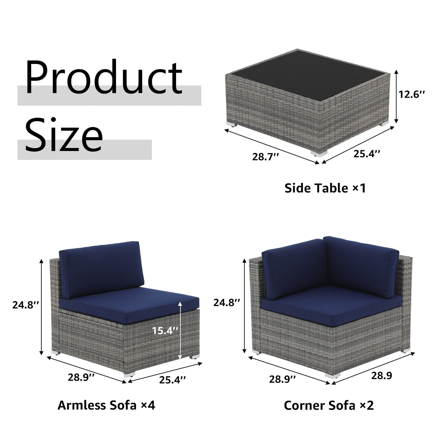Ensemble de canapés d'extérieur sectionnels rembourrés en osier et acier, 7 pièces