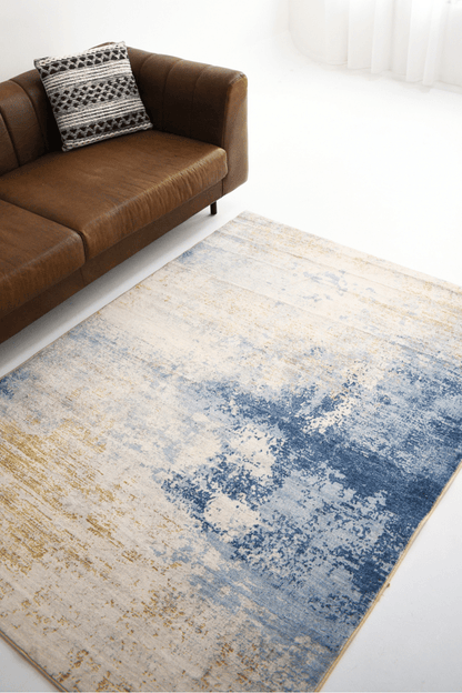 Tapis Cascade Bleu Or | Moderne | Série Polyfibre Cachemire