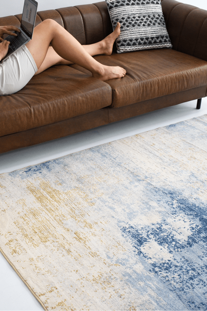 Tapis Cascade Bleu Or | Moderne | Série Polyfibre Cachemire